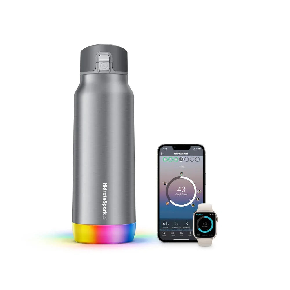 Gourde connectée HidrateSpark PRO STEEL (945 ml) + bouchon supplémentaire avec paille