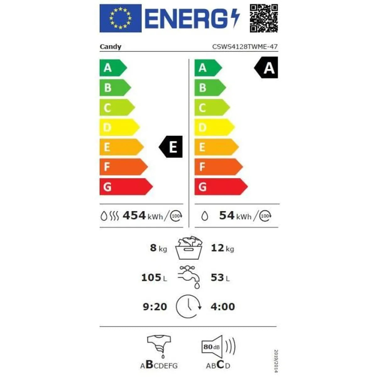 Lave-linge séchant CANDY CSWS4128TWME - 12 / 8 kg - Induction - 1400 trs/min - Vapeur - Connecté - Classe A - Blanc - Maitighar